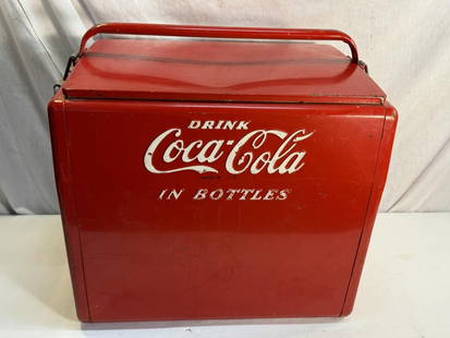 Vtg Coca-cola Metal Cooler: Vtg 1950's Coca-cola Metal Cavalier Cooler W/ Tray, Plug, & Bottle Opener - 18" L X 18" T To Handle X 13.5" D