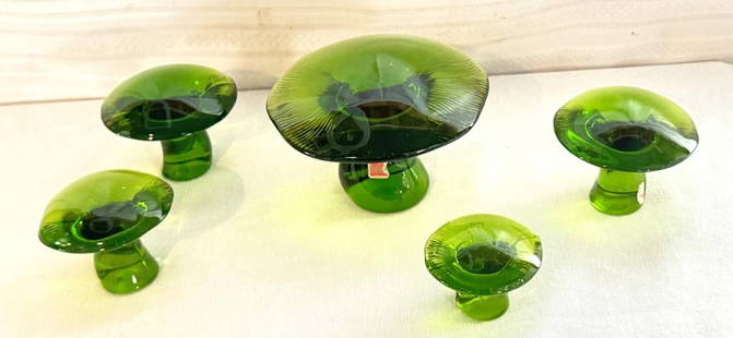 Mcm Viking Glass Mushroom Paperweights: Mcm Viking Green Glass Mushroom Paperweights- 5.5", 4", 3.5", 3" 2.5"