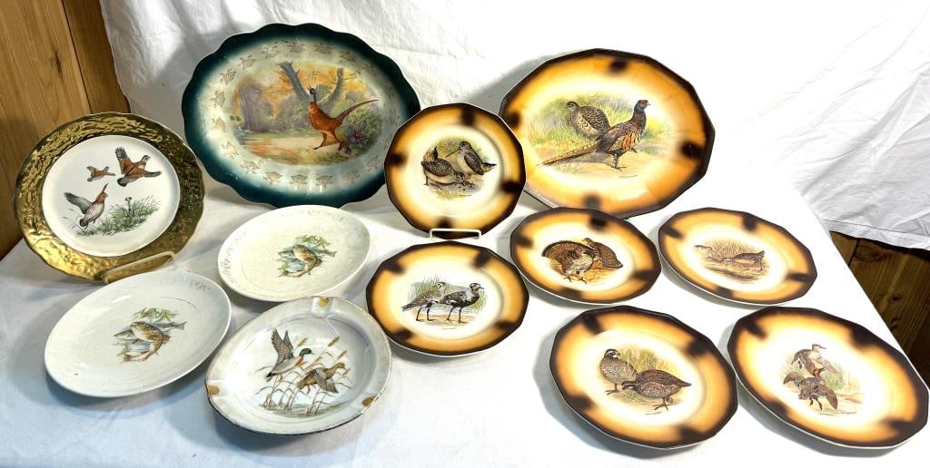 Antique Wild Bird Platters & Plates: Antique Wild Bird Platters & Plates Including Edwin Megargee 1915 Colonial Sterling China Platter & 6 Plates, Sterling Pheasant Platter, Royal Crown Mallard Duck Ashtay, Crown O Gold Plate, (2) W.s. G