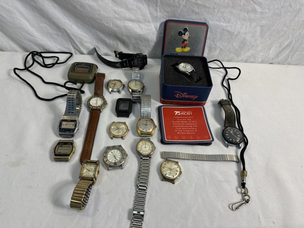 Assorted watch lot: including Disney Mickey Mouse, Accusplit stop watch, Timex, Benrus, Pulsar Alpha