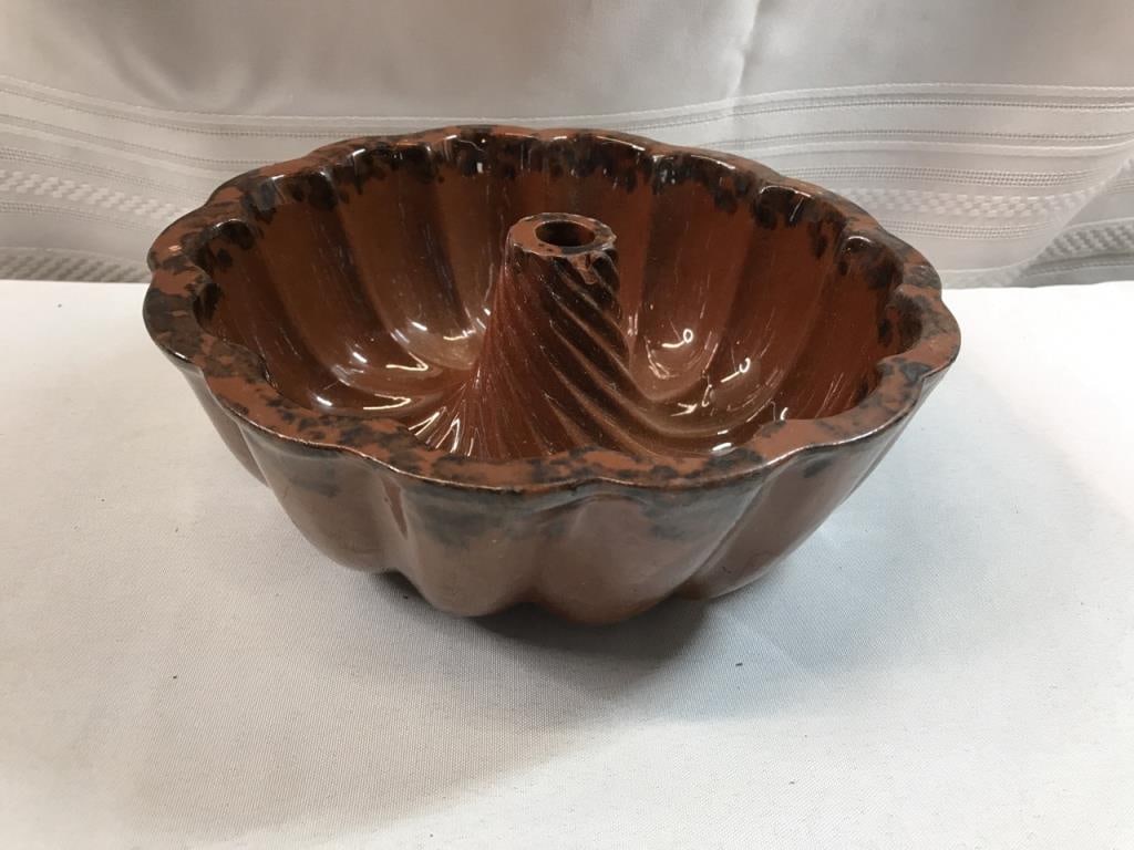 Early Redware Swirl Bundt Pan: 19th- Early 20th Century Redware Pottery Bundt Mold