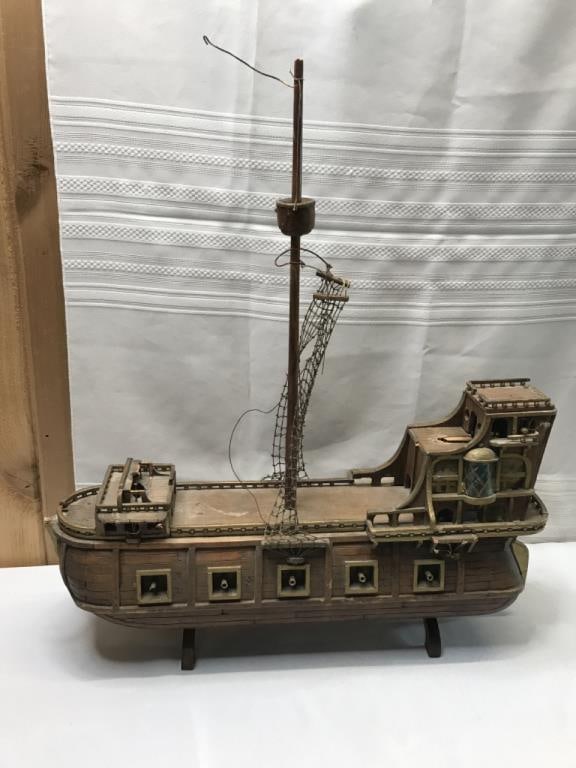 Antique Wooden Ship Model: Antique Wooden Ship Model - 23" Wide x 24" Tall