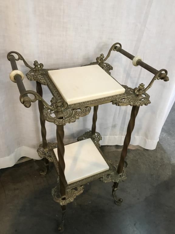 Antique Victorian Plant/Wash Stand: Victorian Brass, Marble, & Onyx Accents- 33” T x 20” W x 15” D