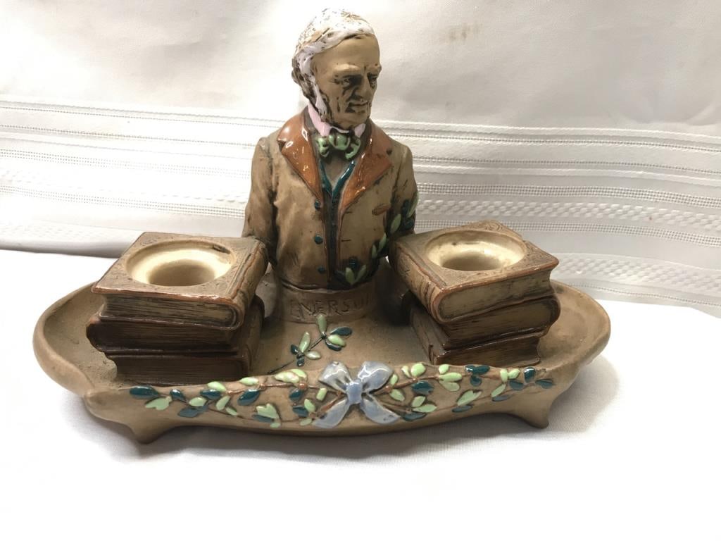 Amphora Ralph Waldo Emerson Double Inkwell: Amphora Signed Inkwell With Ralph Emerson Figural Form. Each Well Has Small Edge Chip. 6 1/4” x 10” x 4 1/2”