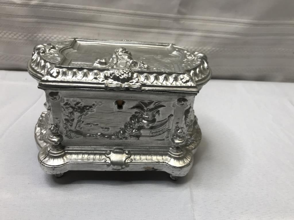 Vtg Silver Plated Jewelery Casket: Vtg 20th Century Renaissance Revival Silver Plated Jewelery Casket by E. Bazzotti- 6” L x 4” T x 4” W