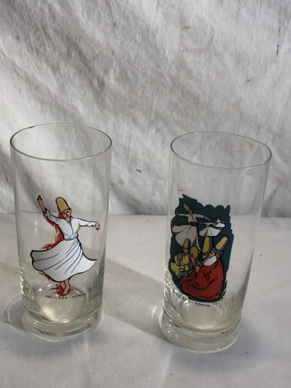 Vtg Dervish Mevlana Figure Glasses: 2- Vtg Dervish Mevlana Figure Drinking Glasses- Islam Philosopher, Mystic Dancing- 4 3/4” T