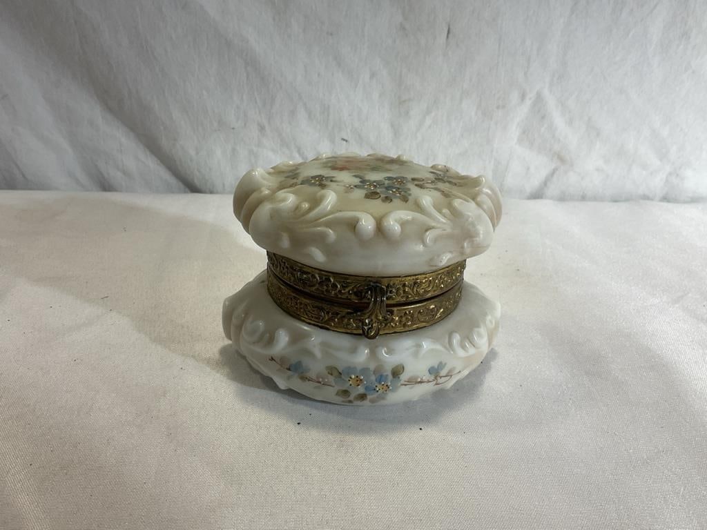 Vintage milk glass / Wave Crest Vanity Box: Hand painted / brass fitting and working clasp / 5”x3”x3” / bottom marked Wave Crest Ware