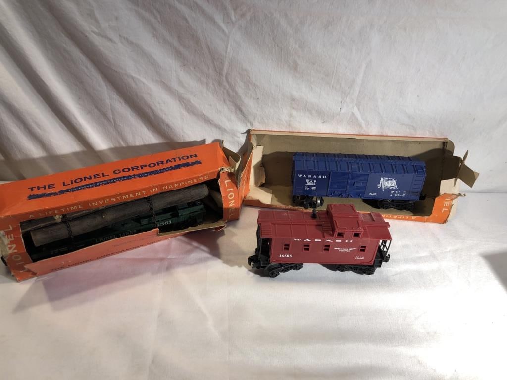 3- Lionel Train Cars: 3- Lionel Train Cars- Wabash 16505, Wabash 16201, Log Car No. 6361 Log Car