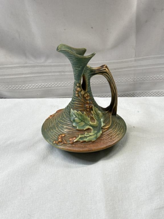 Vtg. Roseville Green Bushberry Twig Handled Ewer: Vtg. Roseville Green Bushberry Twig Handled Ewer # 1-6 pitcher - 6 1/2” tall