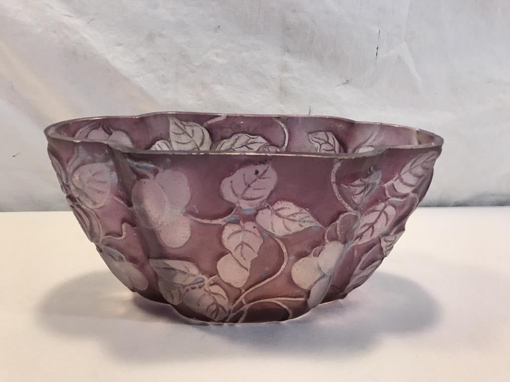 1920’s Consolidated Glass Vase: 1920’s Art Deco Consolidated Phoenix Art Glass Pillow Vase, Floral & Olives