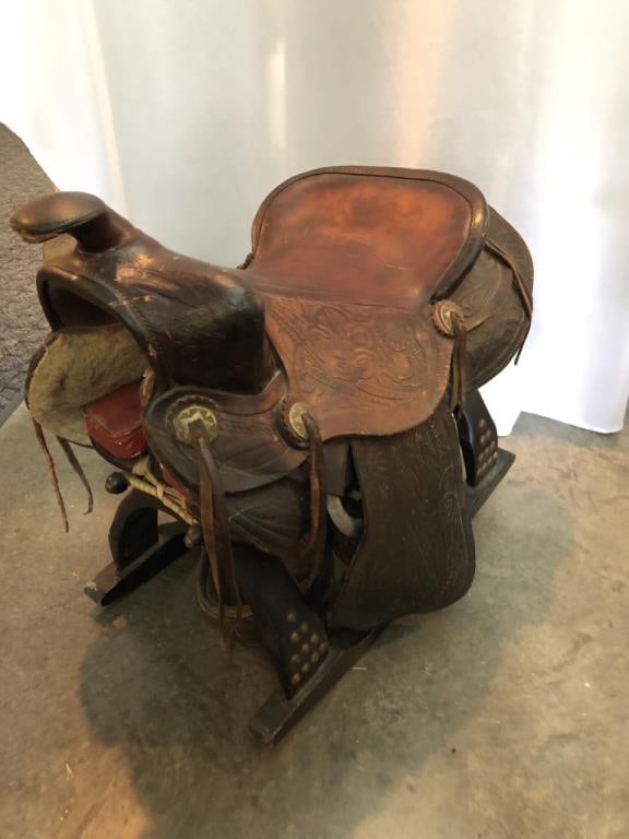 Vtg Saddle Made into Rocking Horse: Vtg Saddle Made into Rocking Horse21” T x 23” L x 12.5” W