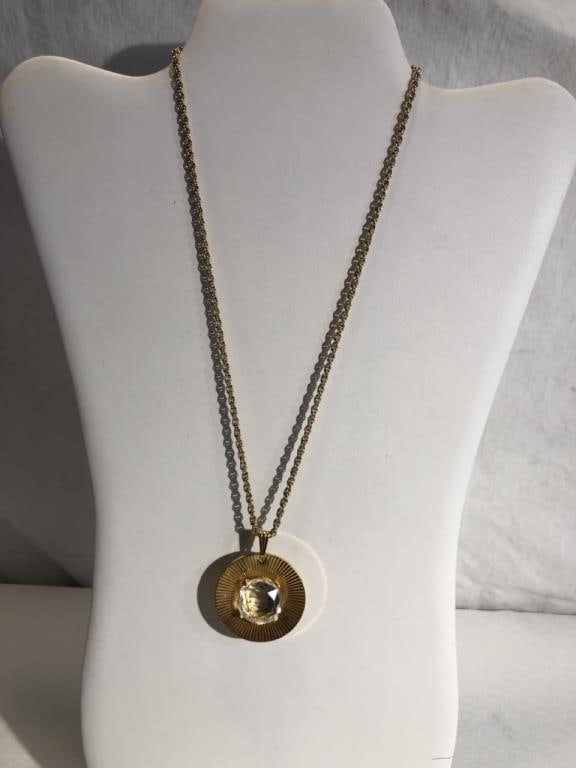 Vtg Belforte Gold Plated Pendant Watch: Vtg Belforte Gold Plated Sun burst Pendant Watch- Faceted Crystal, Swiss Movement, 20” Krementz Chain