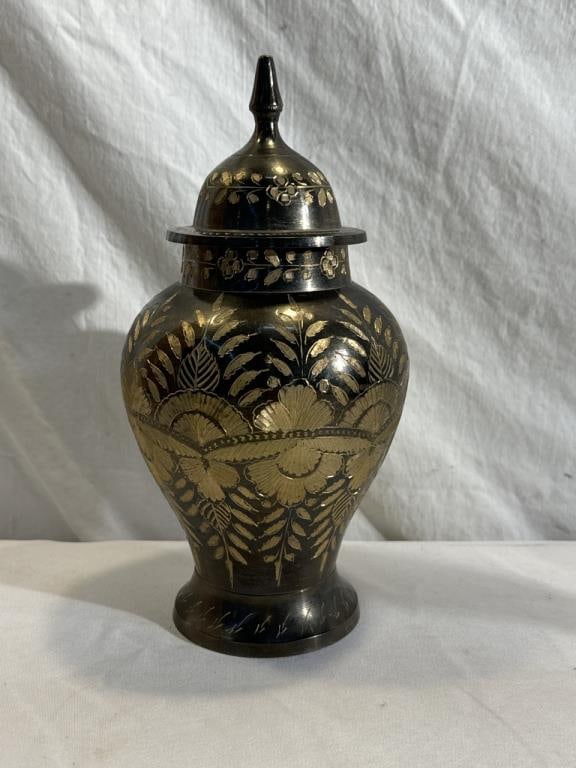 Hand Etched Brass Gold Flower Motif Vase with Lid (1 of 4)