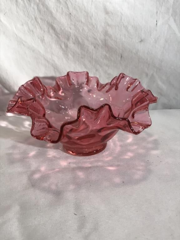Fenton Cranberry Glass Coin Dot Ruffle Bowl (1 of 3)