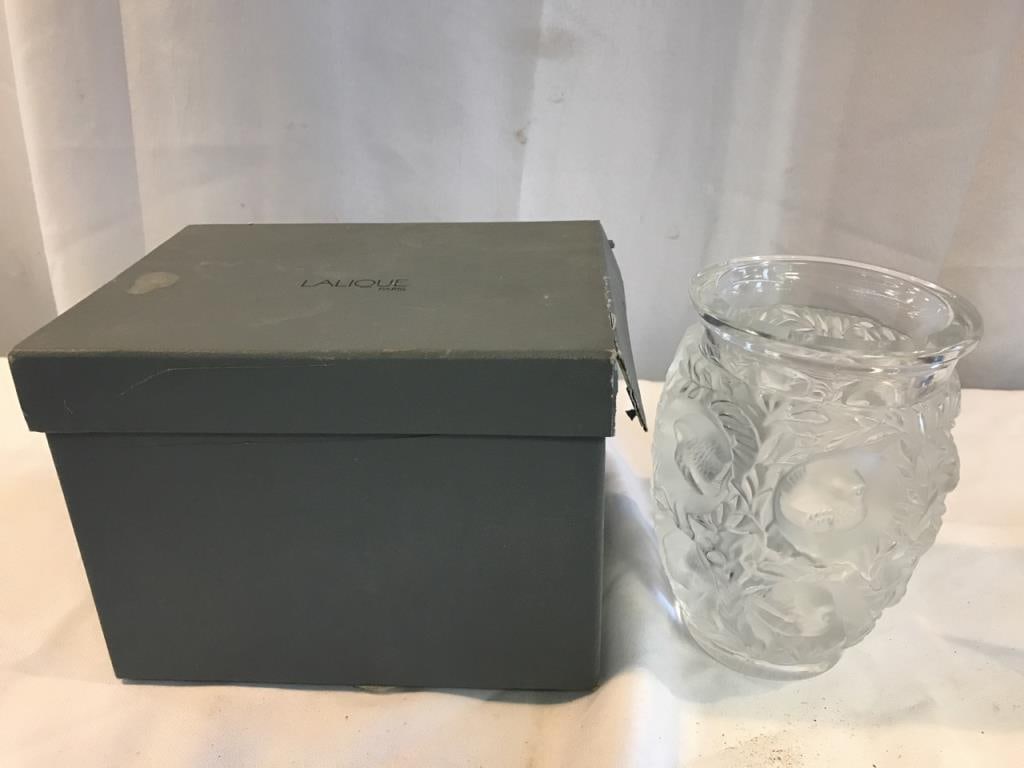 Signed Lalique Paris Bagattelle Bird Vase: Signed Lalique Paris Bagattelle Bird Vase- 7” tall- in original box