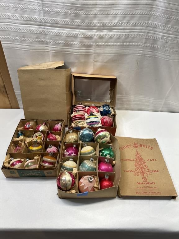 Early Antique Ornaments: Early Antique Ornaments 3 Boxes including WWII Unsilvered, Reflector Balls, Shiny Brite Stencil Scene, Shiny Brite Mushroom, Mercury Glass, ++