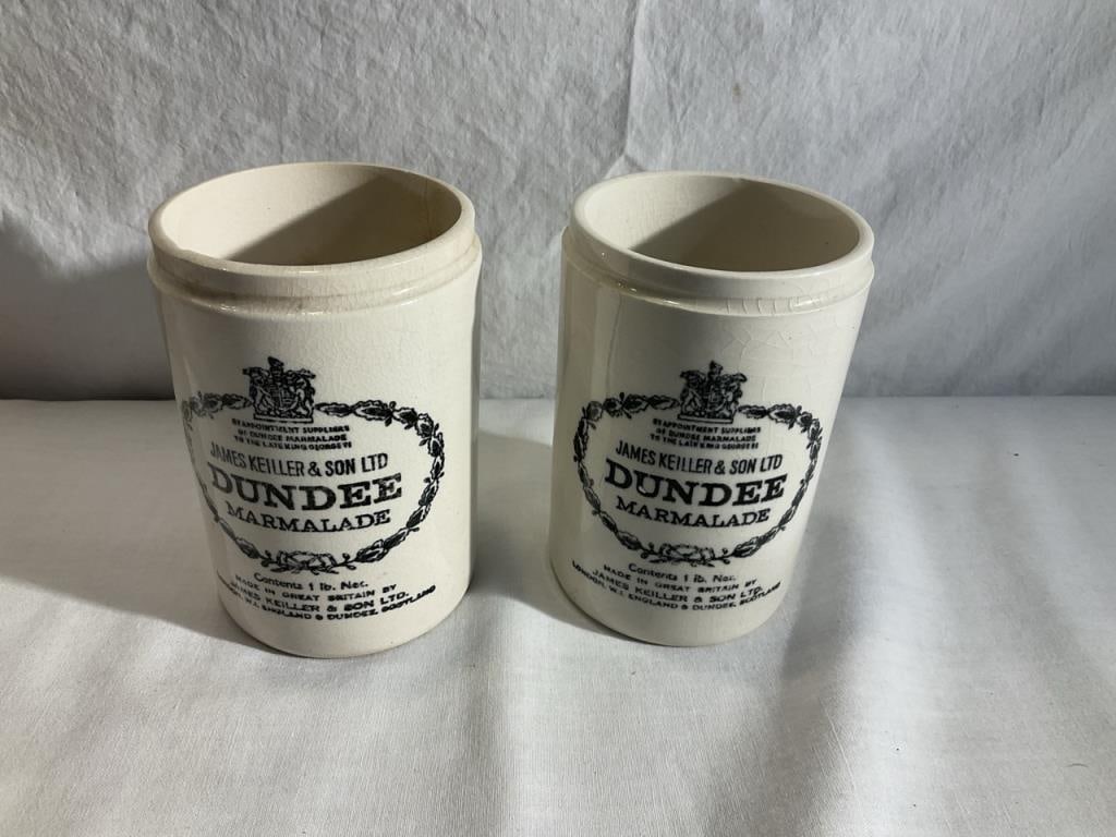 2- Vtg James Keiller & Sons Dundee Marmalade Crocs: 2- Vtg James Keiller & Sons Dundee Marmalade Crocks- 4 3/4” T x 3” Round