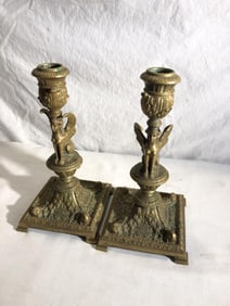 Pr. Egyptian Revival Gilt Bronze Sphinx Candlesti