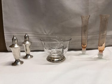 Sterling S & P & Divided Dish, Pair of Etched Vase
