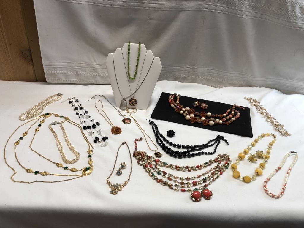 Vintage Jewelry Lot/Necklaces/Earrings and More: Vintage Jewelry Lot/Cloisonne/Carved Bakelite/West Germany/Napier/Vendome/Natural and Faux Pearls/1 Chain Broken/1 Black Earring Missing/Crystals
