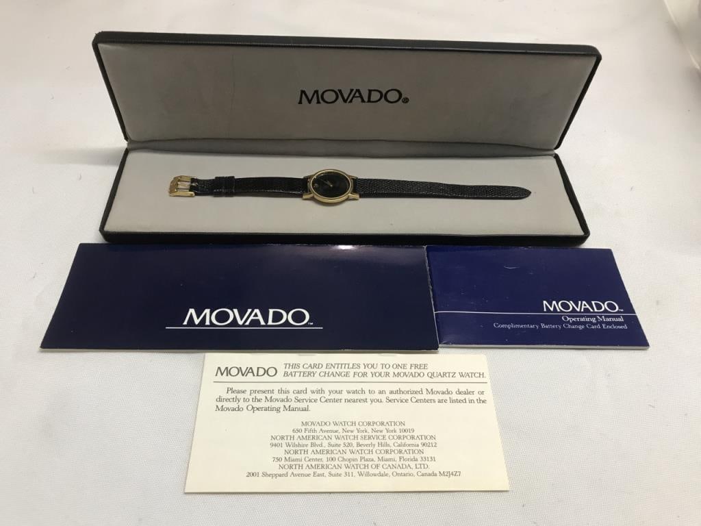 Vtg. Movado Swiss Watch: Vtg. Movado Swiss Watch-Recent Jeweler Cleaned & Maintained(Works) - Ladies- Gold Tone - 550627 - Black leather Band