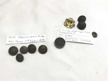 WWI Buttons, Pin and Collar Disc
