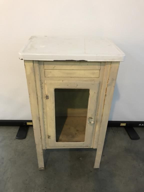 Vtg Medical Cabinet: Vtg Medical Cabinet W/ Porcelain Top/ Door with Gass Knob(Needs Glass)- 32.5” T x 18” W x 13” D