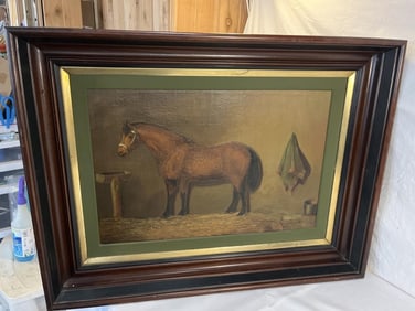 Vtg. Deep Walnut Framed Oil on Board “Horse