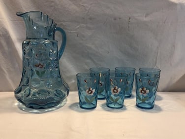 Victorian Hand Painted Pitcher and 6 Glasses