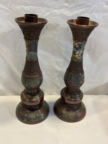 Antique Japanese Bronze Cloisonné Candle Sticks