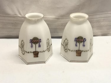 2 Vtg. Hand Painted Glass Shades