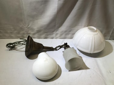 Vtg. Brass Hanging Light Fixture with Shade & 2 Shades