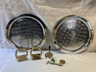 2 Stainless Trays, Brass Book Ends, Pen Holder an