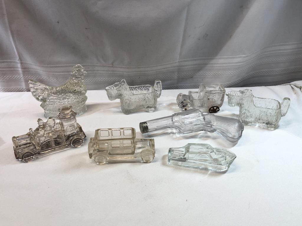 Antique Figural Glass Candy Dishes: Antique Figural Glass Candy Dishes including Pistol Shaped, Cars, Boats, Dogs and Hen (Some Signed)