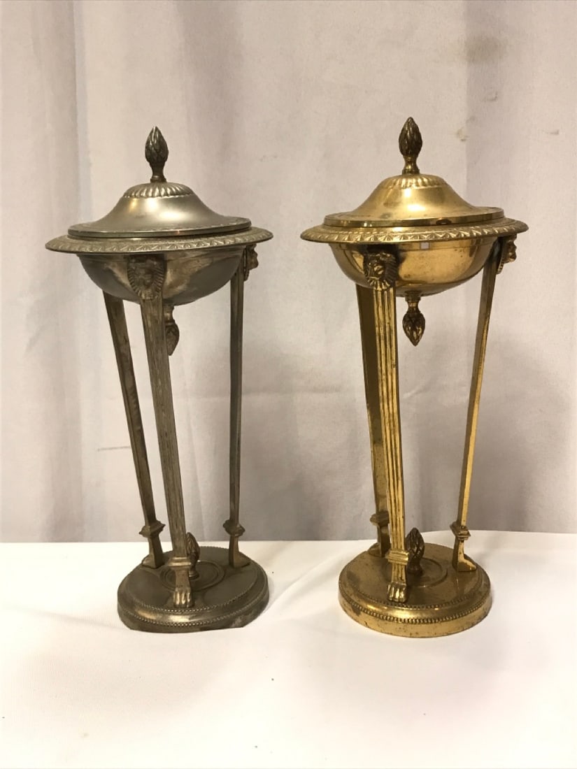 Antique Antenian Egyptian Revival Incense Burners: Antique Antenian Egyptian Revival Incense Burners- Brass - Silver and Gold Tone - Lion Head/ Claw Feet ~ 12 1/2” Tall