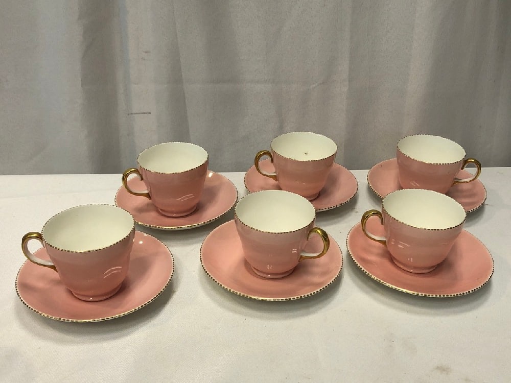 Set of 6 Wedgwood Bone China Teacups & Saucers: Set of 6 Wedgwood Bone China Teacups & Saucers- “ April Pink” - Pink Color, White interior with Gold Beaded Rim