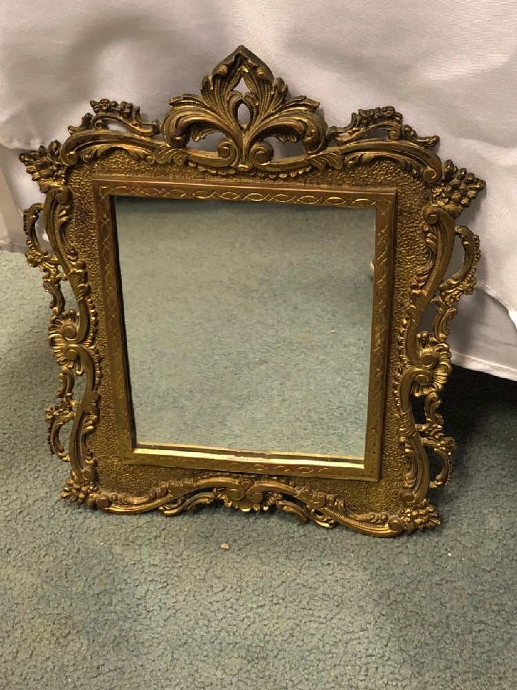 Vtg. Gold Cast Iron Framed Mirror (1 of 4)