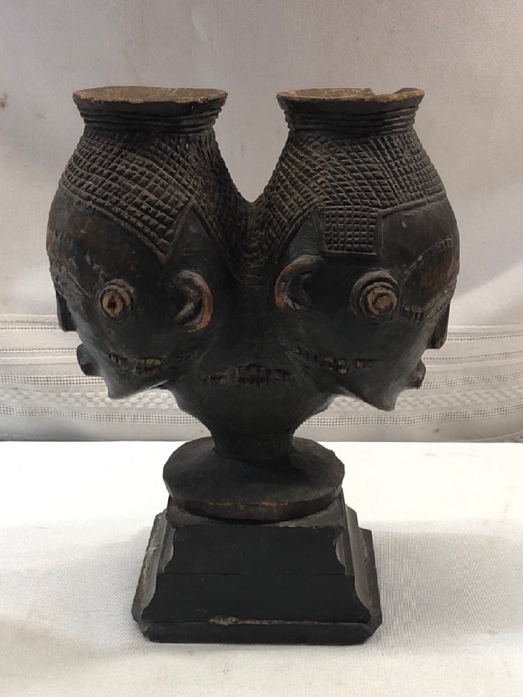 19th Century Kuda Double Head Palm Wine Cup: 19th Century Kuda Double Head Palm Wine Cup ~ 8” Tall x 6” Wide