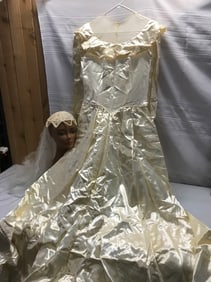 Vintage Satin Maurer Original Wedding Dress and Miss Lillian for Vogue Bridal Gemmed Veil