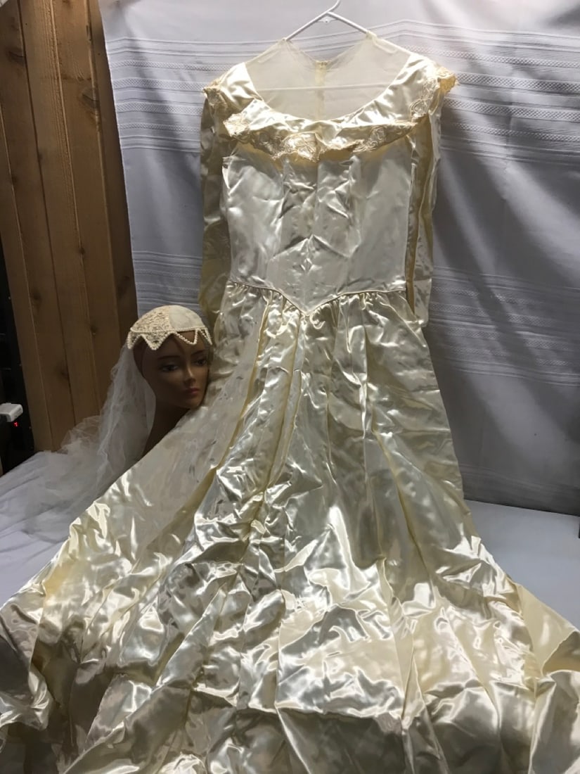 Vintage Satin Maurer Original Wedding Dress and Miss Lillian for Vogue Bridal Gemmed Veil: Vintage Satin Maurer Original Wedding Dress and Miss Lillian for Vogue Bridal Gemmed Veil