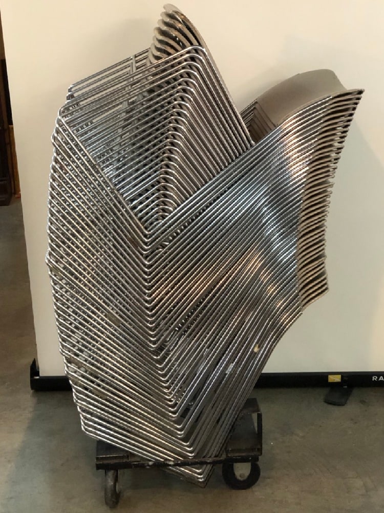 40 MCM 40/4 Stackable Chairs by David Rowland: 40 MCM 40/4 Stackable Chairs by David Rowland With Cart ~ Steel Chair ~ Grey Color~ 30” Tall (top of chair) x 20 1/2” Wide x 18” Deep X 18” Chair Height ~