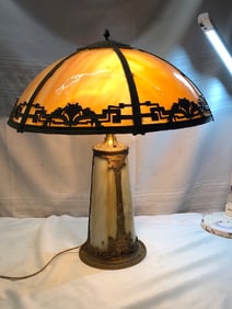 Antique Spelter Slag Glass Lamp