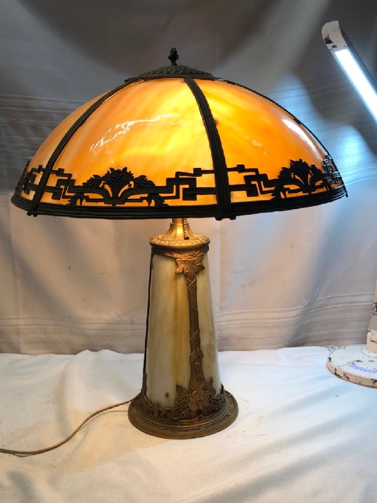 Antique Spelter Slag Glass Lamp (1 of 7)
