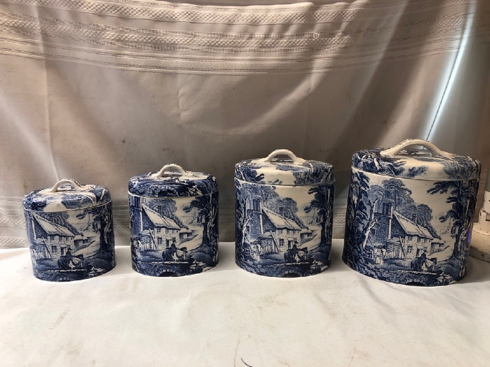 James Kent “Old Foley?? Canister Set: 4pc. James Kent “Old Foley” Canister Set ~ Made in England- Smallest Canister 5 1/2” Tall up to Biggest 9” Tall