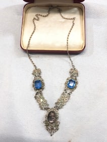 Victorian Silver Tone Filigree Carved Cameo Necklace