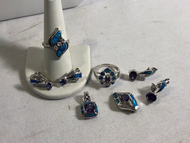 Amethyst and Blue synthetic Opal -CZ-sterling silver jewelry sets
