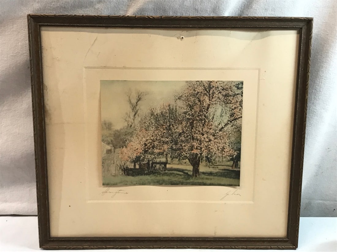 Antique Signed Print Springtime by Gibson: Antique Signed Print Springtime by Gibson - Framed 17” x 15”