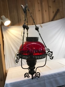 Antique Oil Hanging Lamp Electrified