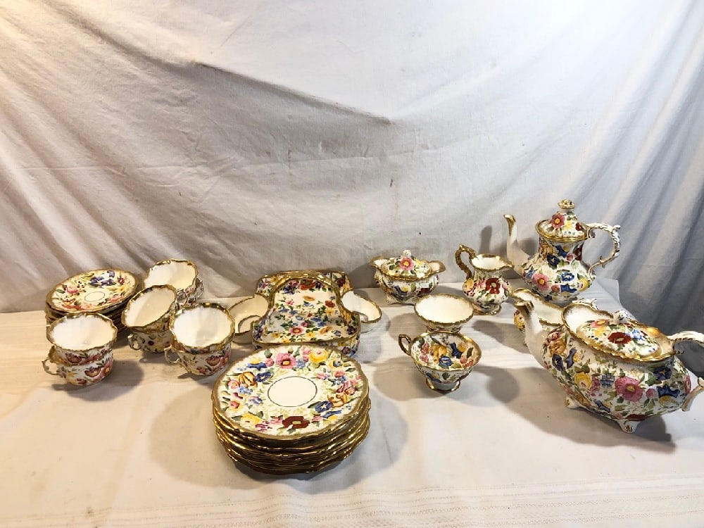 Hammersley Bone China Table Service Set: Hammersley Bone China Queen Anne Table Service Set - Made in England - Basket/Sugar/Creamer, 2 Teapots, Creamer, Pitcher, 9 Teacups, 10 Saucers and 8) 8” Plates - in 50 qt Rubbermaid Tote