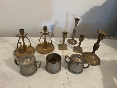 Brass Candleholders &  Pewter Bowls